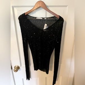 Black V-neck sheer sequined sweater